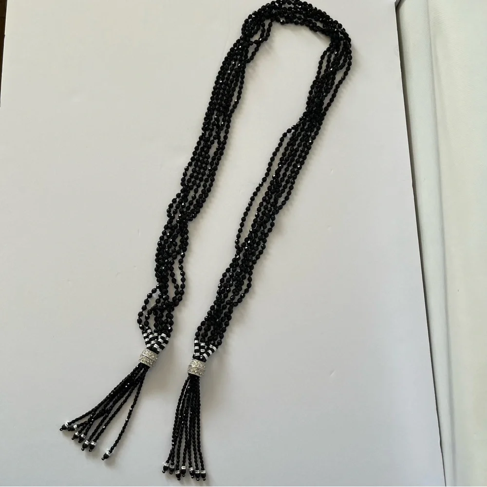 Amazing Vintage Black Beaded Multi Strap Long Tassel Necklace Art Deco Flapper